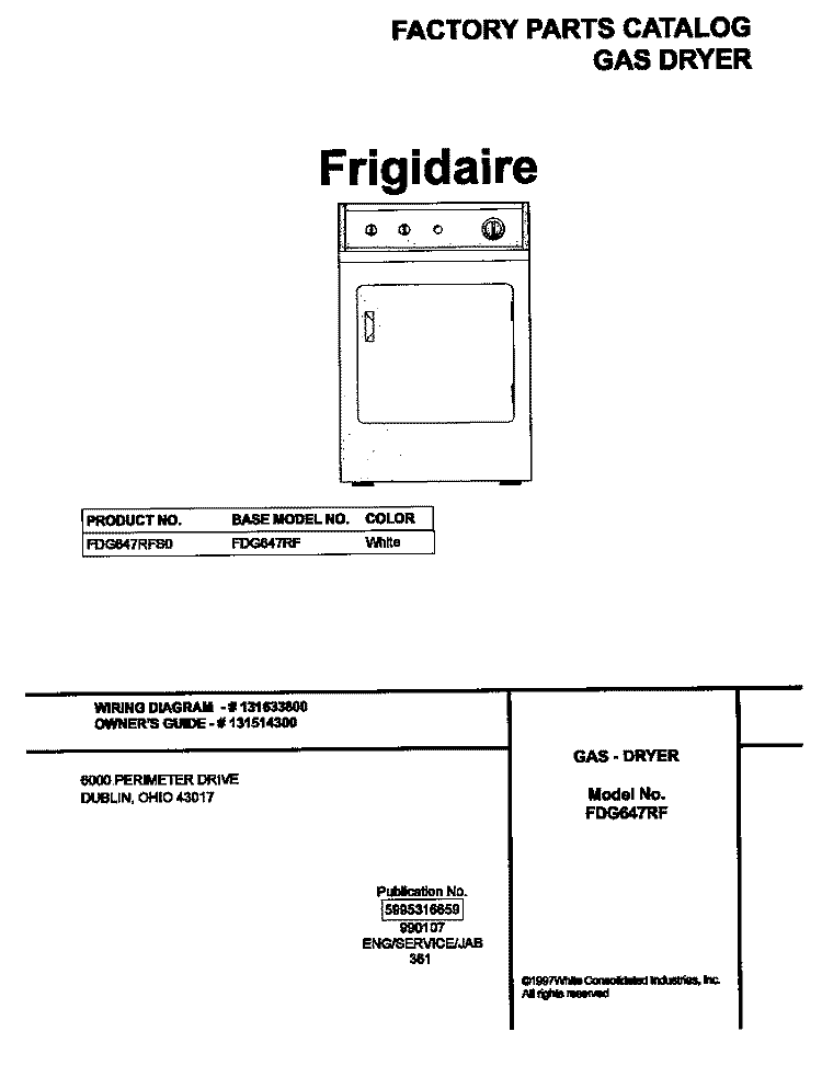 COVER Diagram and Parts List for FDG647RFS0  Frigidaire Dryer