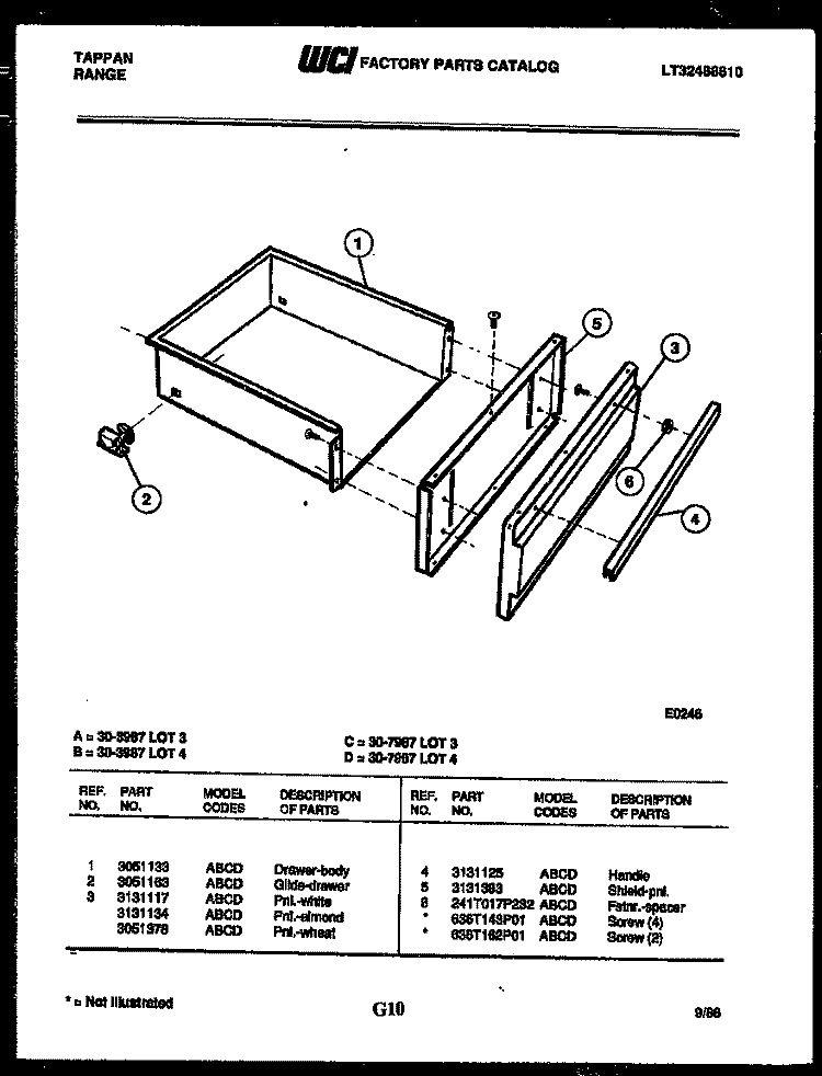 DRAWER PARTS Diagram and Parts List for 30-3987-23-04  Tappan Range