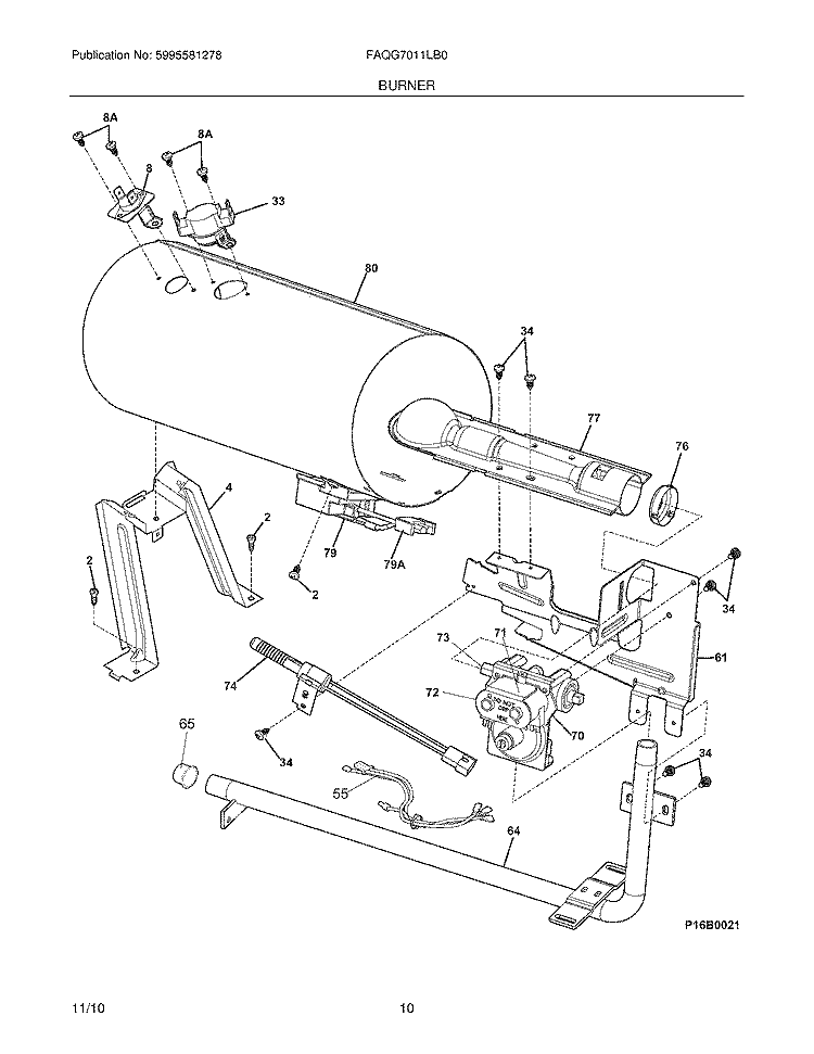 BURNER Diagram and Parts List for FAQG7011LB0  Frigidaire Dryer