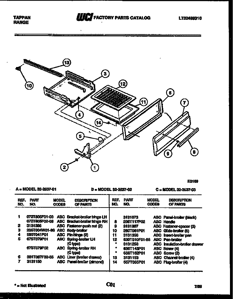 BROILER DRAWER PARTS Diagram and Parts List for 32-2637-08-03  Tappan Range