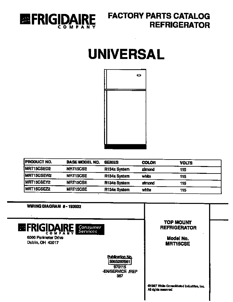 COVER Diagram and Parts List for MRT15CSEW2  Frigidaire Refrigerator