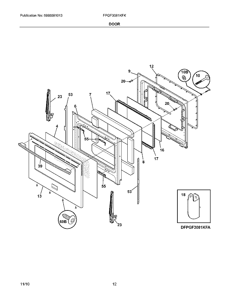 DOOR Diagram and Parts List for FPGF3081KFK  Frigidaire Range