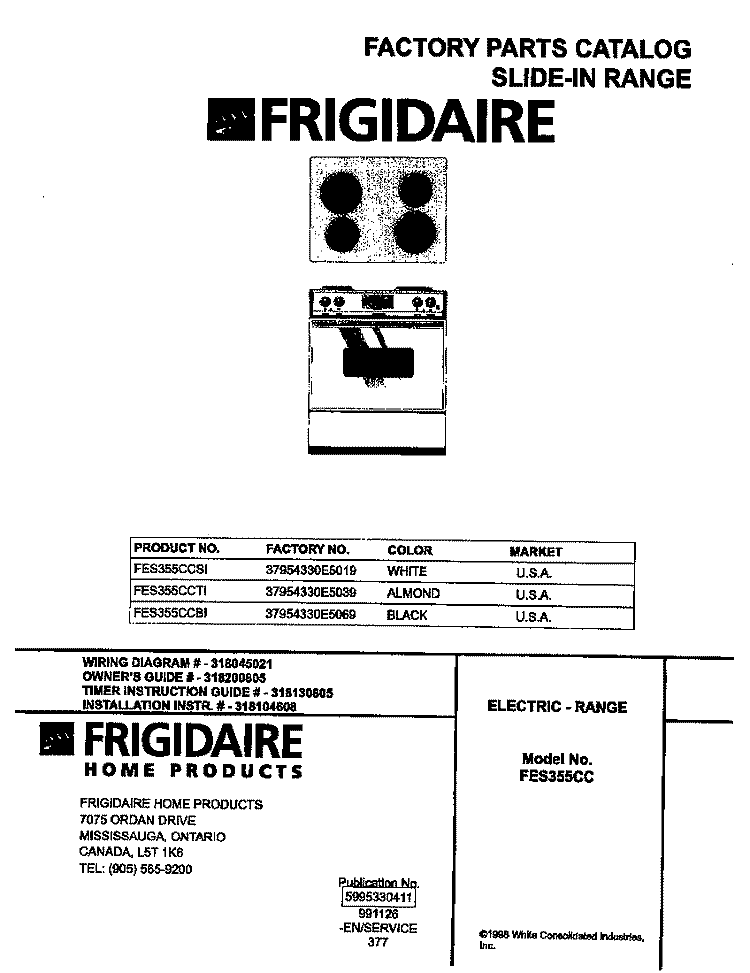 COVER Diagram and Parts List for FES355CCSI  Frigidaire Range