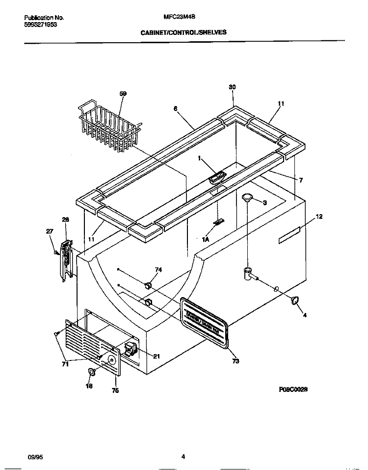 CABINET / CONTROL / SHELVES Diagram and Parts List for MFC23M4BW5  Frigidaire Freezer