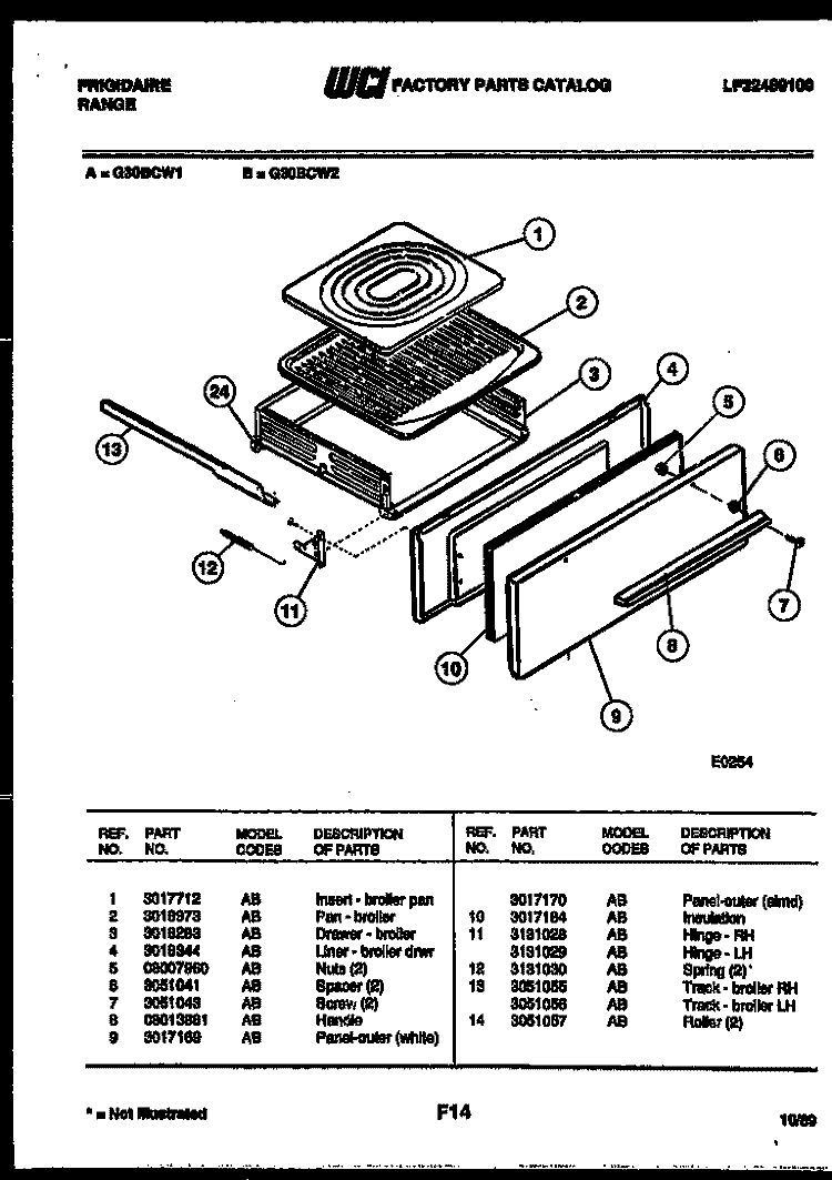 BROILER DRAWER PARTS Diagram and Parts List for G30BCW1  Frigidaire Range