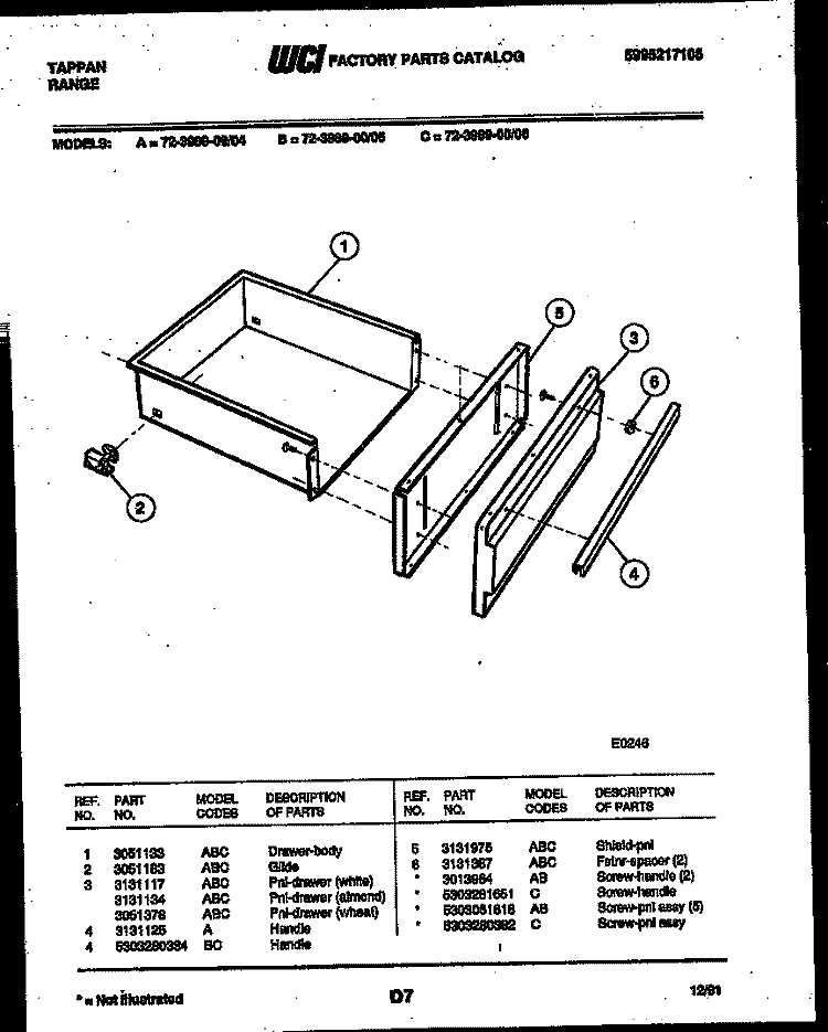DRAWER PARTS Diagram and Parts List for 72-3989-00-04  Tappan Range