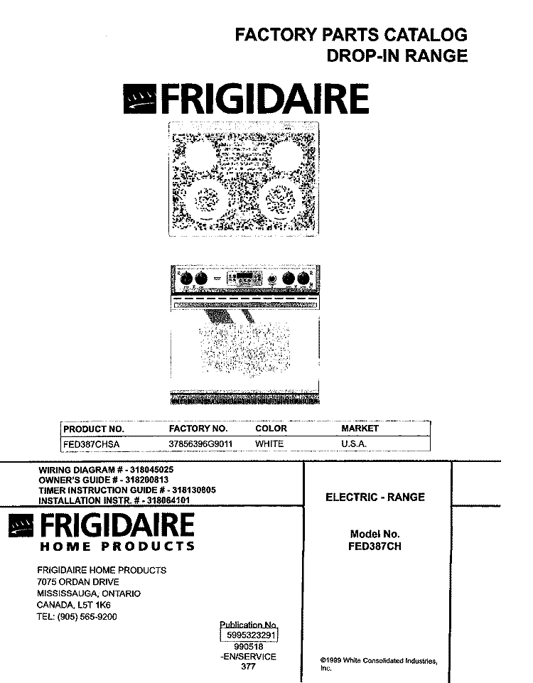 COVER Diagram and Parts List for FED387CHSA  Frigidaire Range