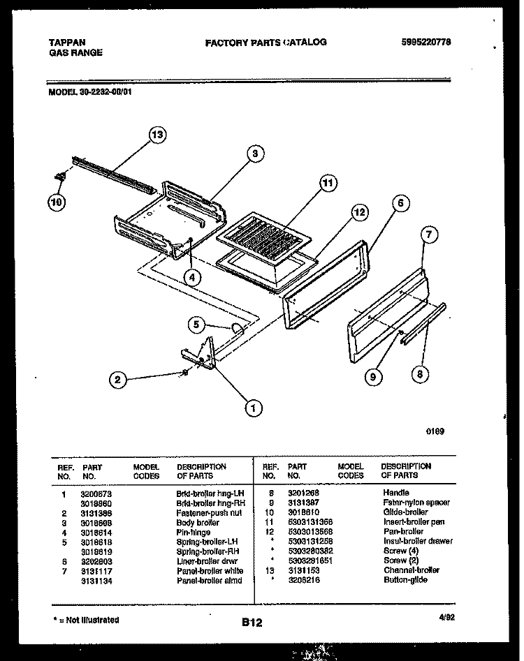 BROILER DRAWER PARTS Diagram and Parts List for 30-2232-00-01  Tappan Range