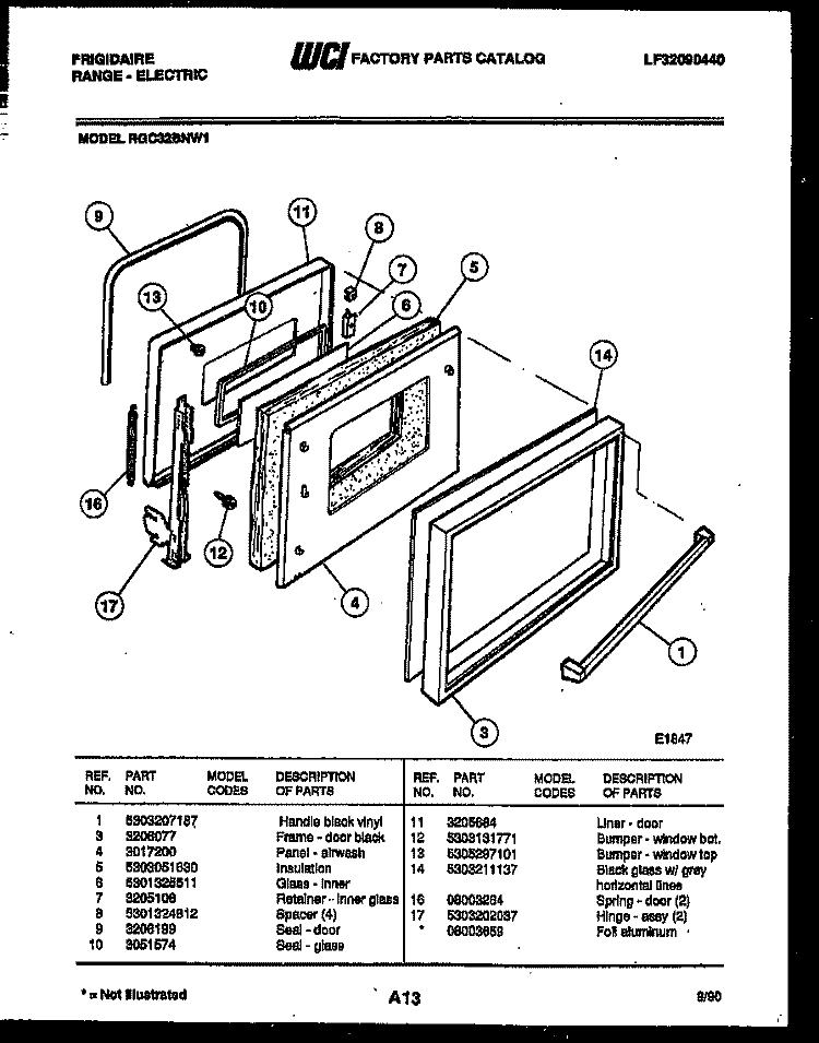 DOOR PARTS Diagram and Parts List for RGC32BNW1  Frigidaire Range