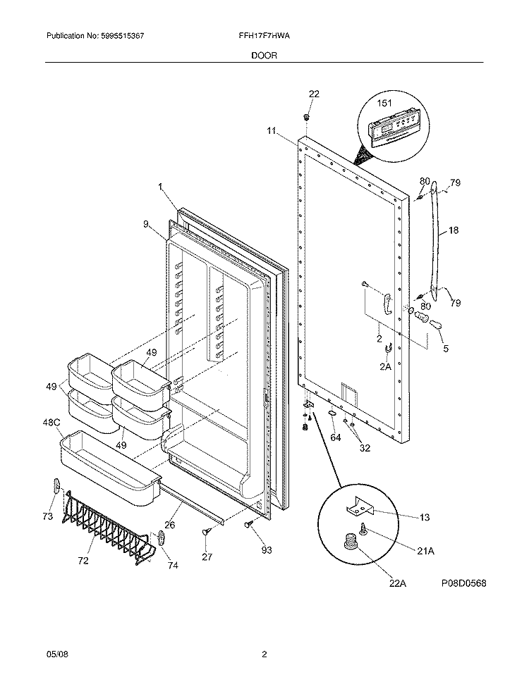 DOOR Diagram and Parts List for FFH17F7HWA  Frigidaire Freezer