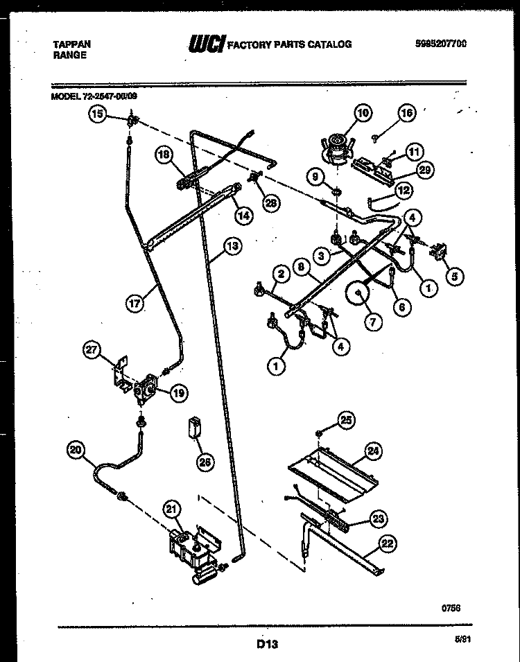 BURNER, MANIFOLD AND GAS CONTROL Diagram and Parts List for 72-2547-23-09  Tappan Range