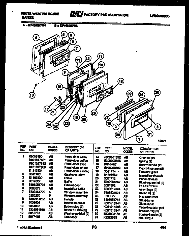 DOOR PARTS Diagram and Parts List for KF460GDD4  Frigidaire Range