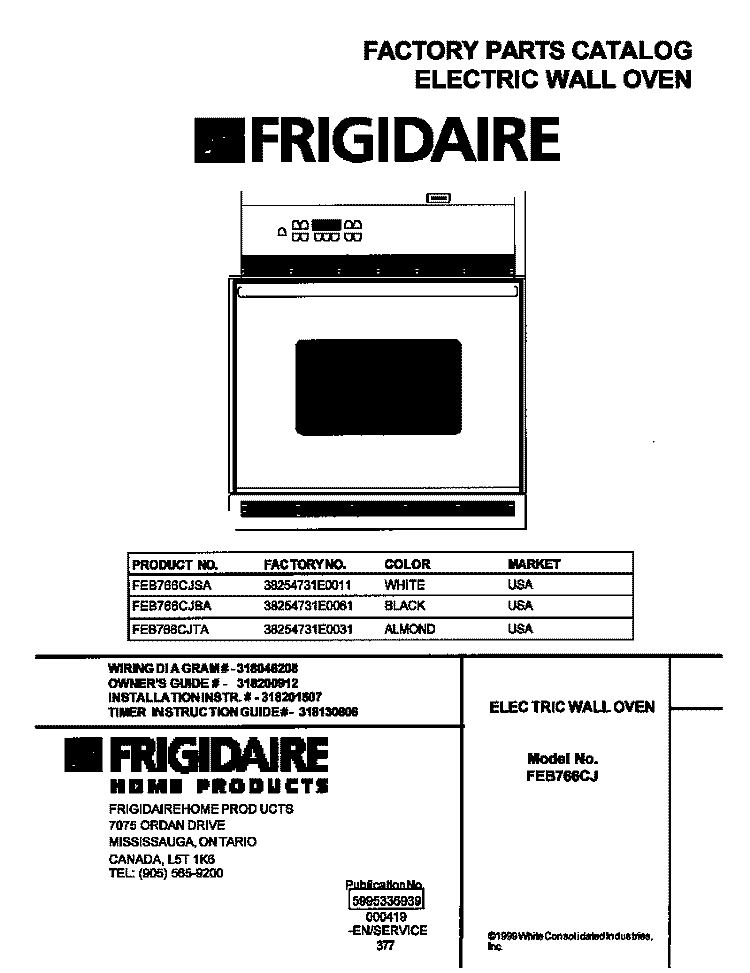 COVER Diagram and Parts List for FEB766CJTA  Frigidaire Wall Oven