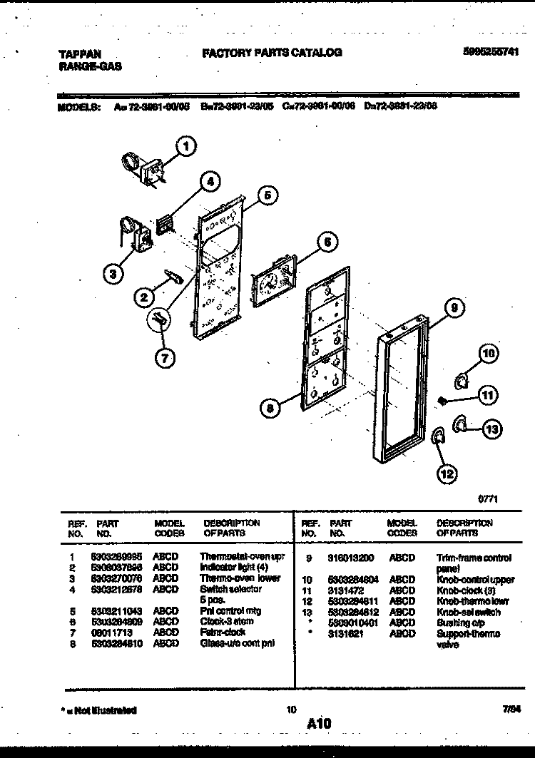 CONTROL PANEL Diagram and Parts List for 72-3981-00-06  Tappan Range