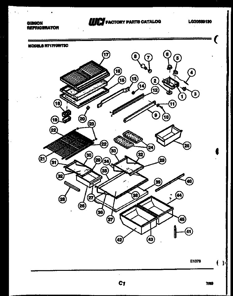 SHELVES AND SUPPORTS Diagram and Parts List for RT17F9WT3C  Gibson Refrigerator