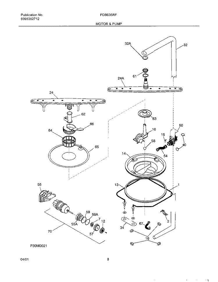 MOTOR & PUMP Diagram and Parts List for FDB635RFS5  Frigidaire Dishwasher
