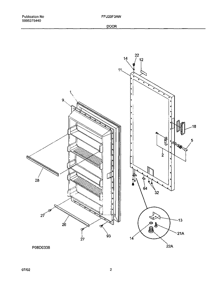 DOOR Diagram and Parts List for FFU20F3AW4  Frigidaire Freezer