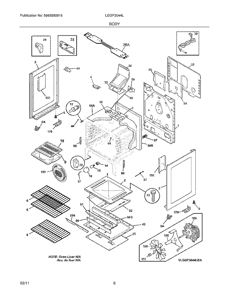 BODY Diagram and Parts List for LGGF3044LWA  Frigidaire Range