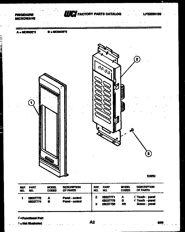 CONTROL PANEL Diagram and Parts List for MC890E2  Frigidaire Microwave
