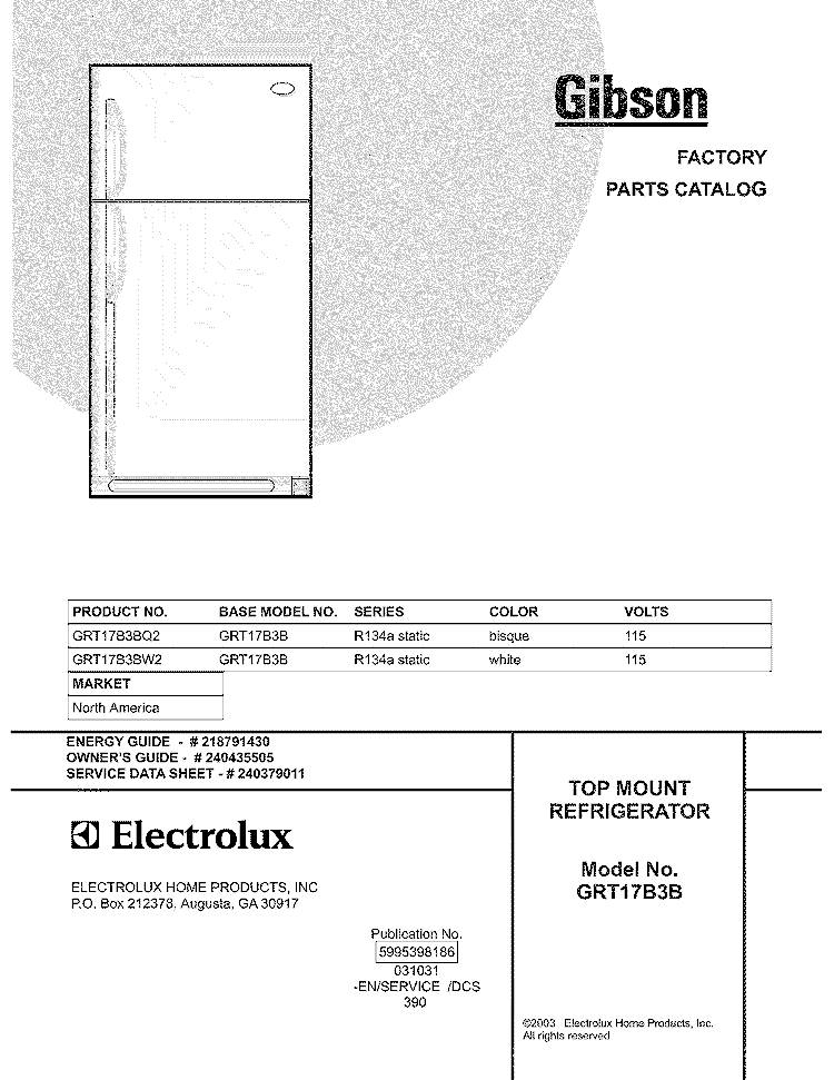 COVER Diagram and Parts List for GRT17B3BW2  Gibson Refrigerator