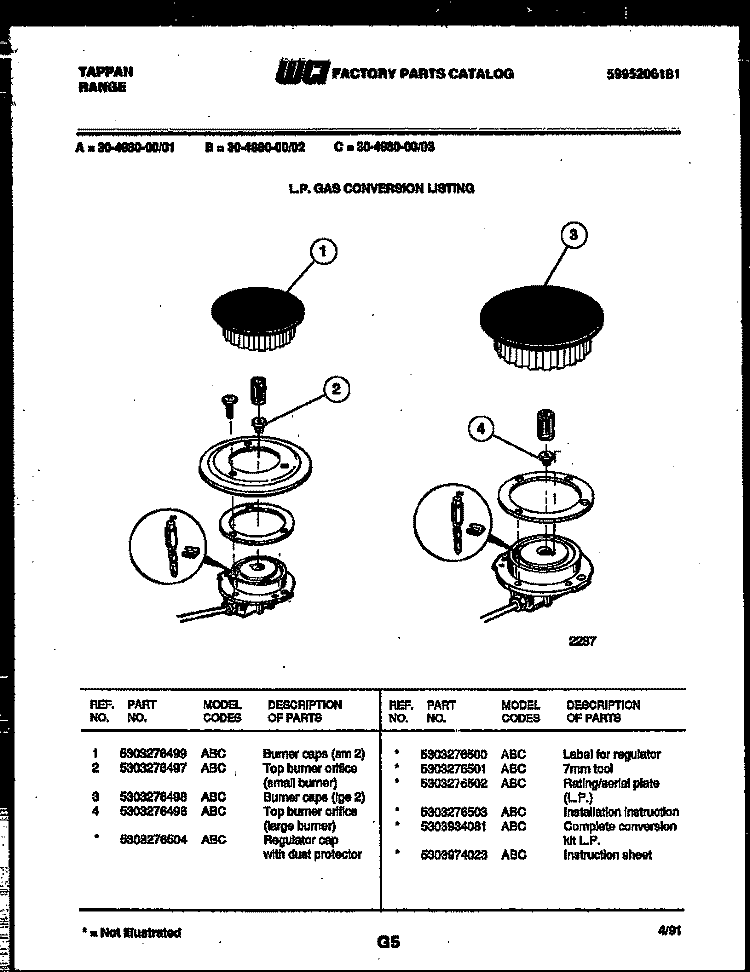 BURNER PARTS Diagram and Parts List for 30-4980-23-02  Tappan Range