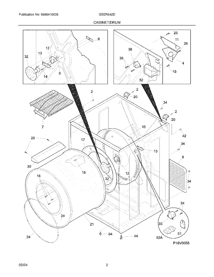 CABINET / DRUM Diagram and Parts List for GSER642DS0  Frigidaire Dryer