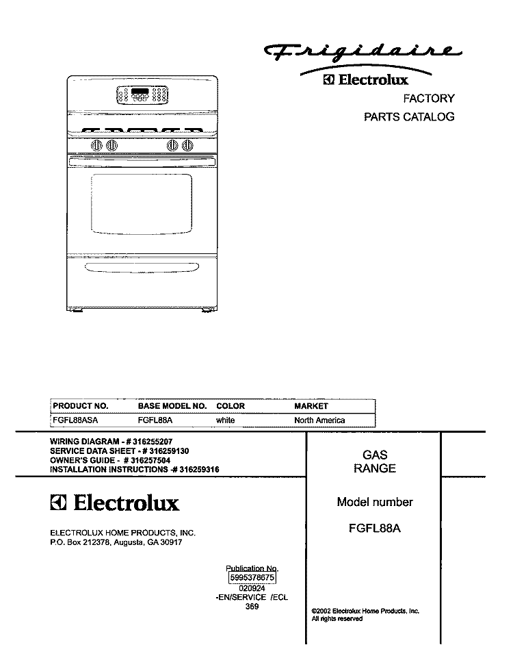 COVER Diagram and Parts List for FGFL88ASA  Frigidaire Range