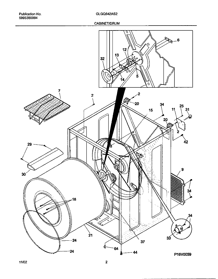 CABINET / DRUM Diagram and Parts List for GLGQ642AS2  Frigidaire Dryer