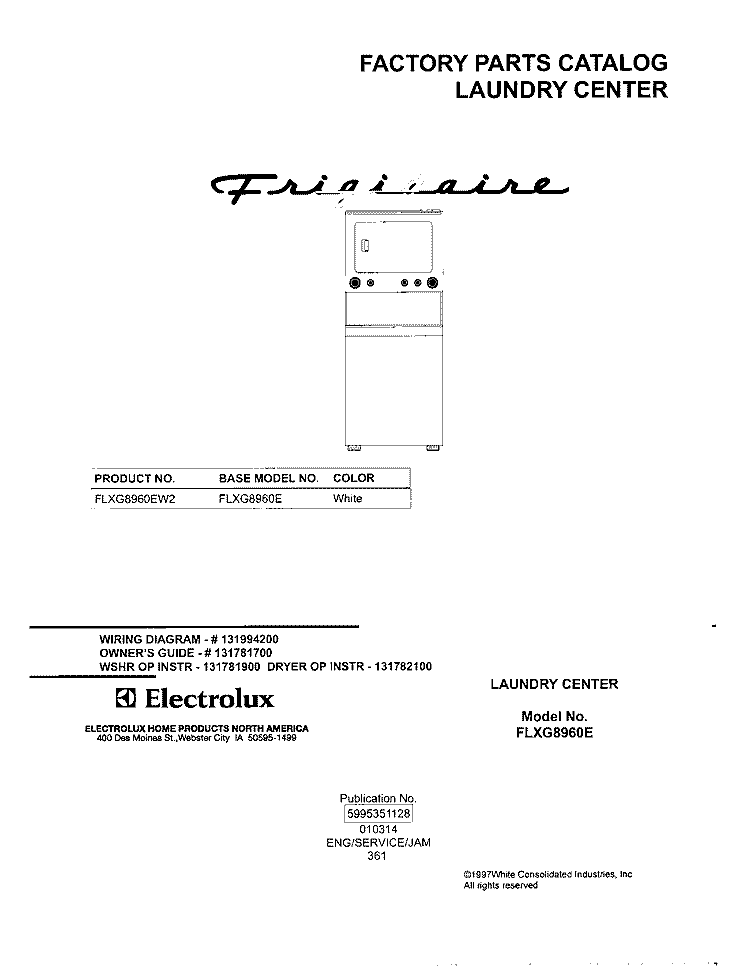 COVER Diagram and Parts List for FLXG8960EW2  Frigidaire Washer Dryer Combo