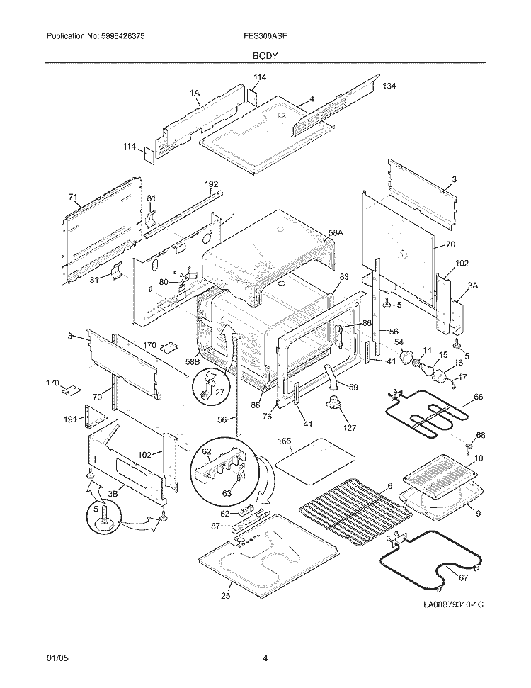 BODY Diagram and Parts List for FES300ASF  Frigidaire Range