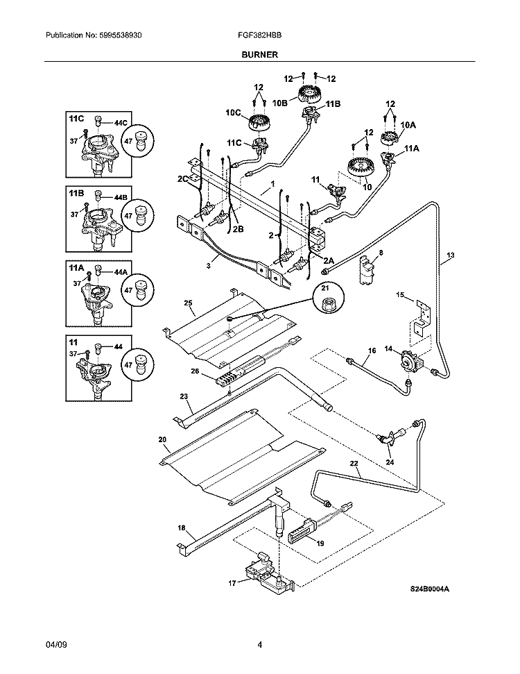 BURNER Diagram and Parts List for FGF382HBB  Frigidaire Range