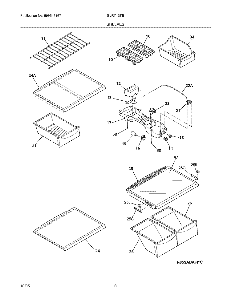 SHELVES Diagram and Parts List for GLRT13TEK5  Frigidaire Refrigerator