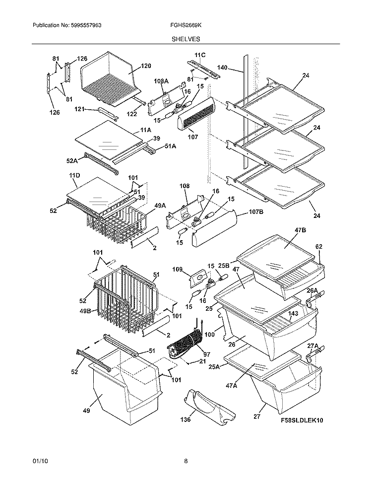 SHELVES Diagram and Parts List for FGHS2669KP1  Frigidaire Refrigerator