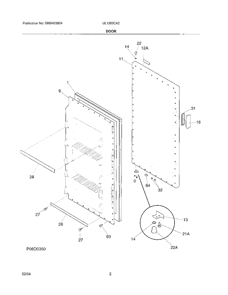 DOOR Diagram and Parts List for UL1293CA2  Electrolux Freezer
