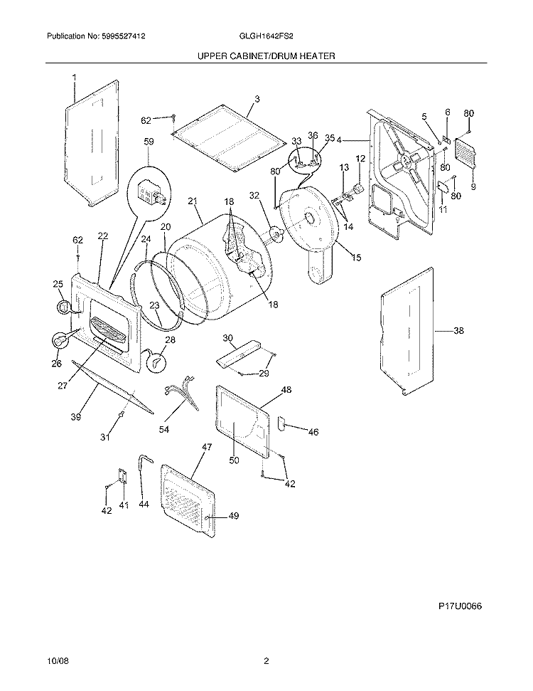 UPPER CABINET/DRUM HEATER Diagram and Parts List for GLGH1642FS2  Frigidaire Washer Dryer Combo