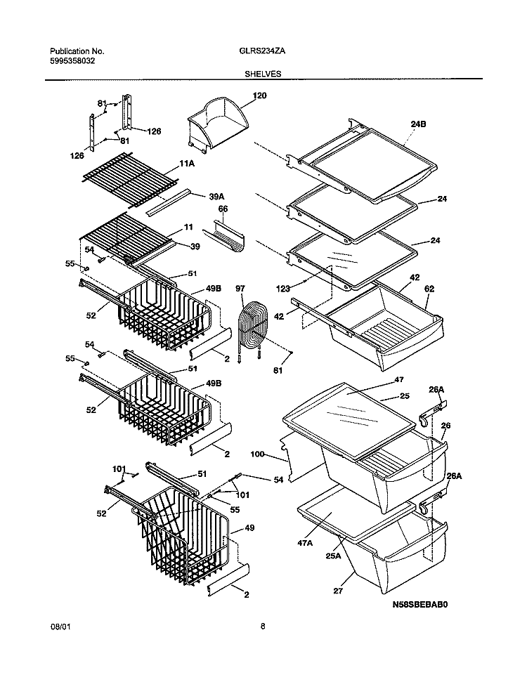 SHELVES Diagram and Parts List for GLRS234ZAW2  Frigidaire Refrigerator