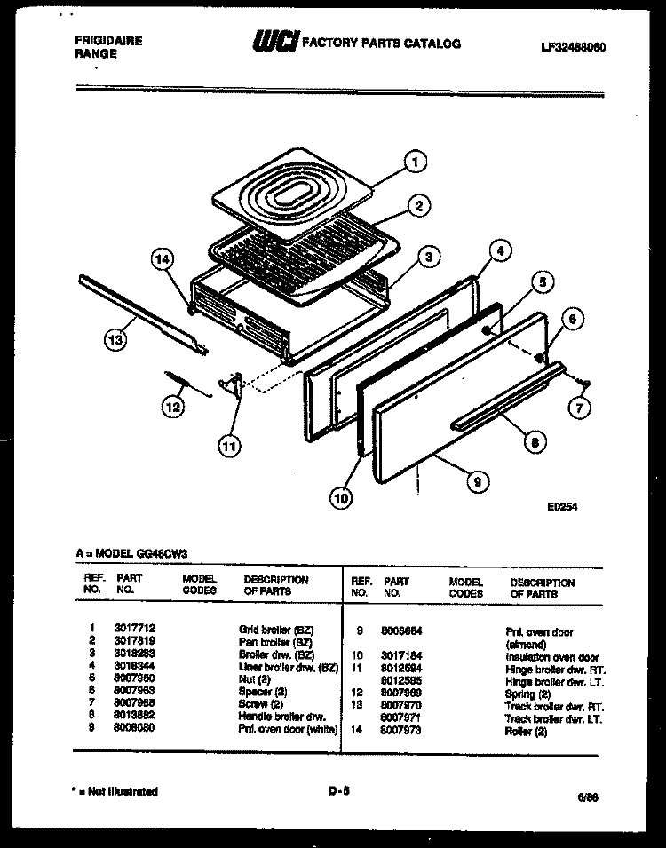 BROILER DRAWER PARTS Diagram and Parts List for GG46CL3  Frigidaire Range