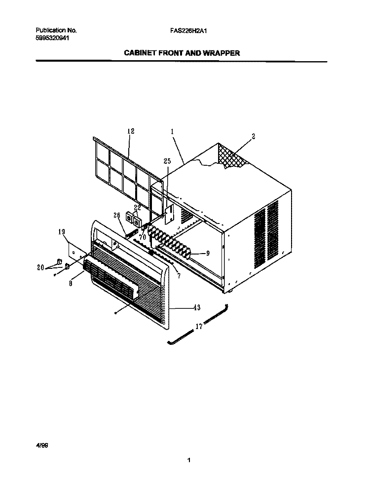 CABINET FRONT / WRAPPER Diagram and Parts List for FAS226H2A1  Frigidaire Air Conditioner