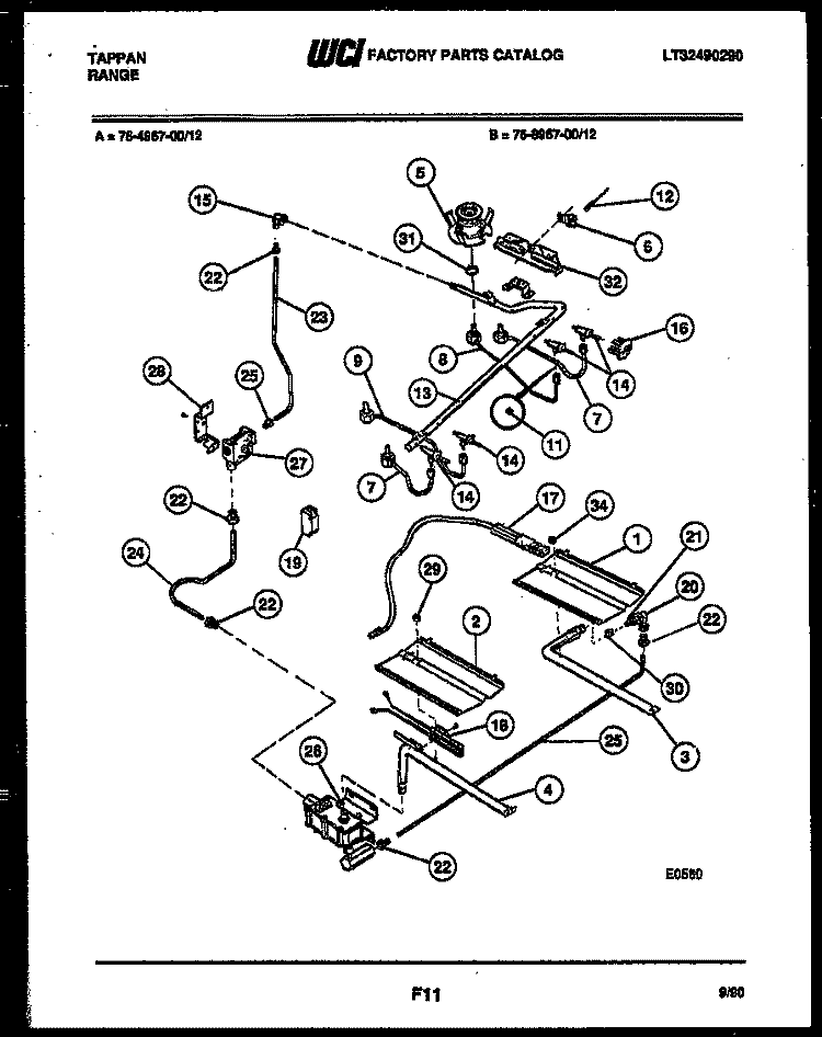 BURNER, MANIFOLD AND GAS CONTROL Diagram and Parts List for 76-4967-00-12  Tappan Microwave Oven Combo