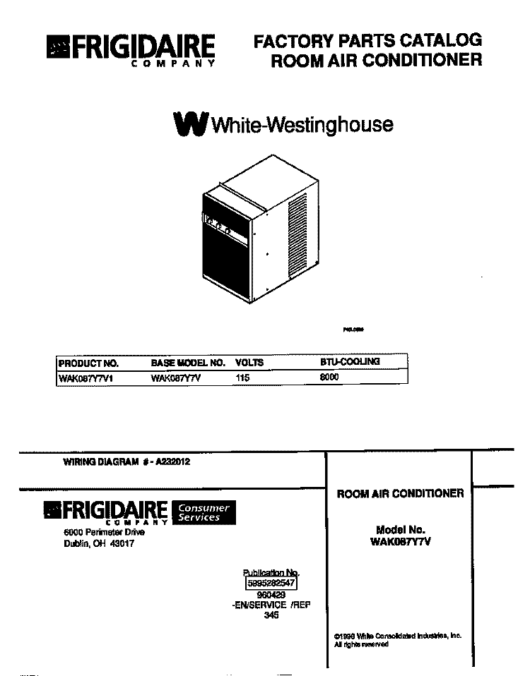 COVER Diagram and Parts List for WAK087Y7V1  Frigidaire Air Conditioner
