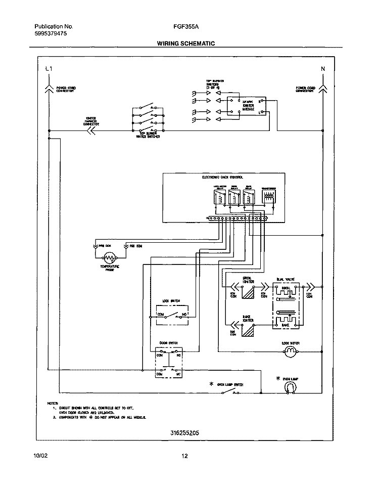 WIRING SCHEMATIC Diagram and Parts List for FGF355ASC  Frigidaire Range