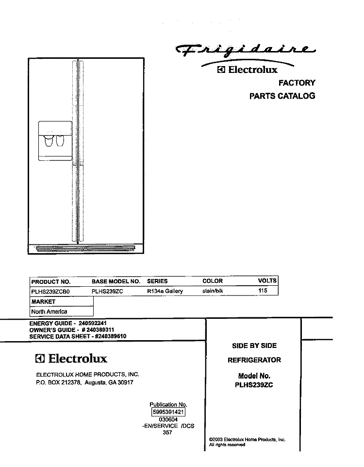 COVER Diagram and Parts List for PLHS239ZCB0  Frigidaire Refrigerator