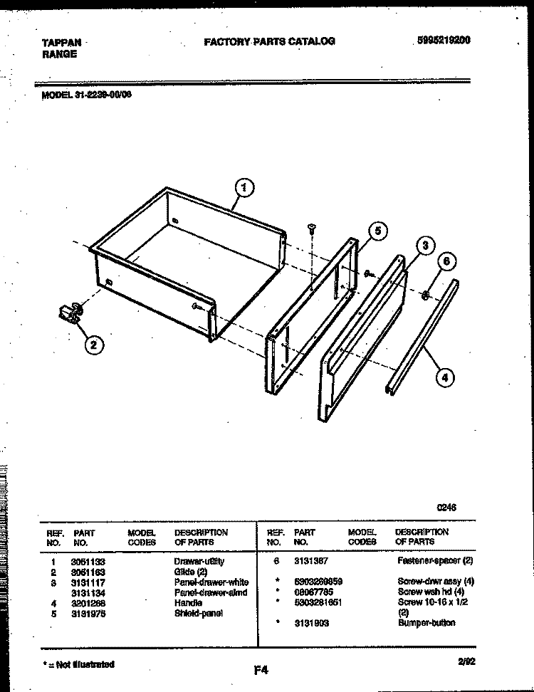 DRAWER PARTS Diagram and Parts List for 31-2239-00-06  Tappan Range
