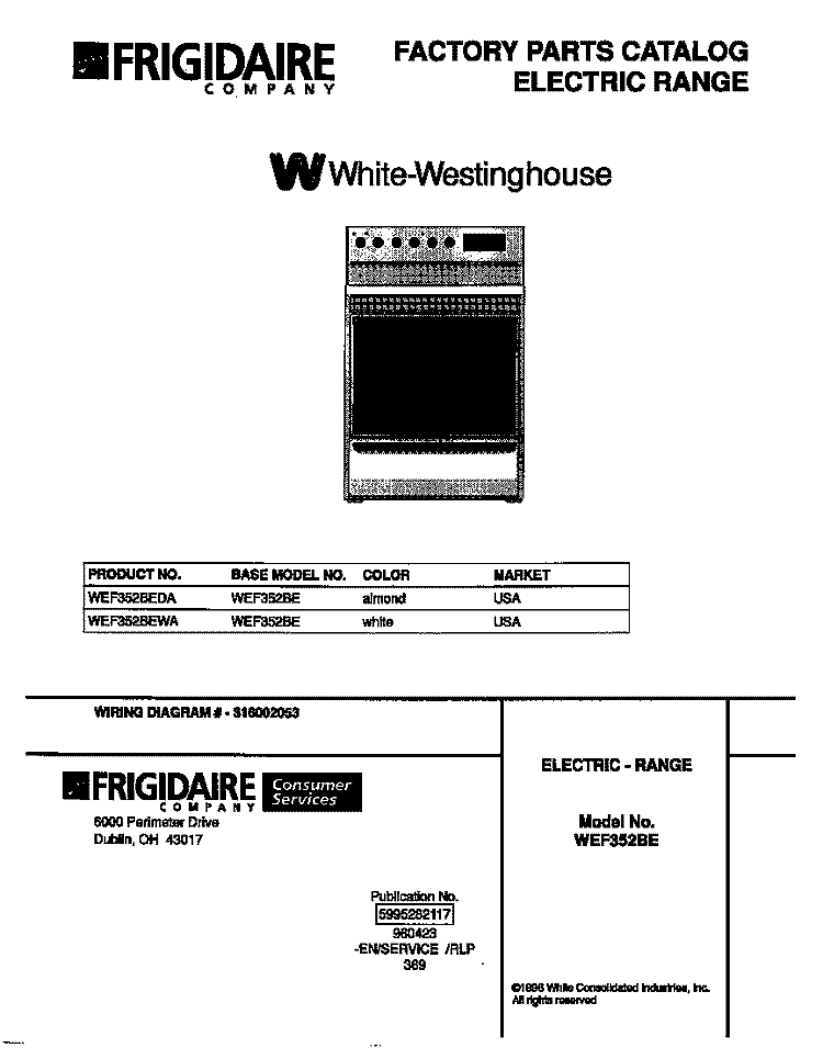 COVER Diagram and Parts List for WEF352BEDA  Frigidaire Range
