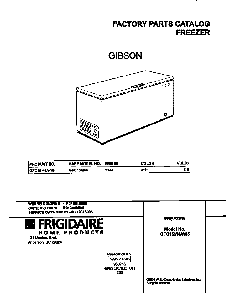 COVER Diagram and Parts List for GFC15M4AW5  Gibson Freezer