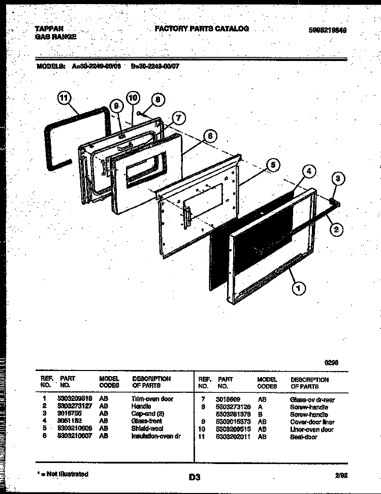 DOOR PARTS Diagram and Parts List for 30-2249-00-06  Tappan Range