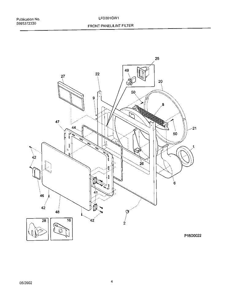 FRONT PANEL / LINT FILTER Diagram and Parts List for LFD301GW1  Frigidaire Dryer