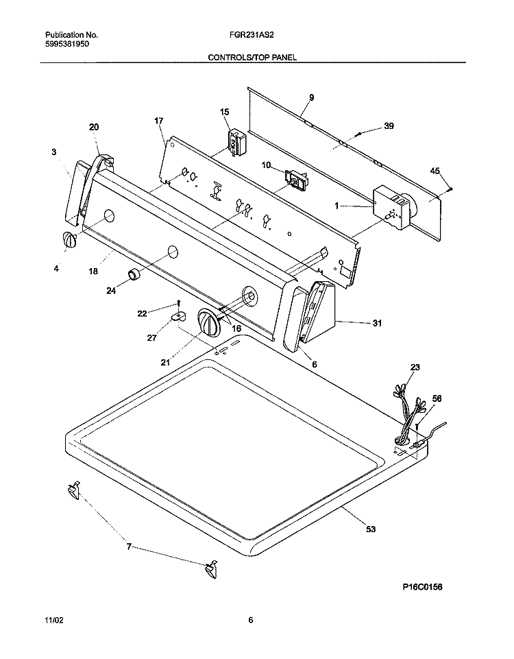 CONTROLS / TOP PANEL Diagram and Parts List for FGR231AS2  Frigidaire Dryer