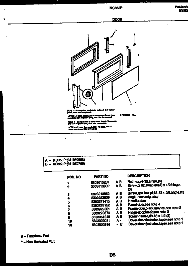 DOOR PARTS Diagram and Parts List for MC850P10  Frigidaire Microwave