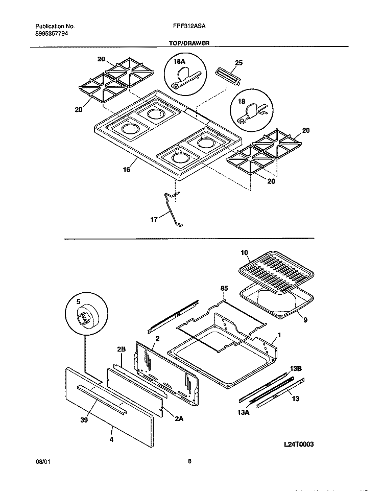 TOP / DRAWER Diagram and Parts List for FPF312ASA  Frigidaire Range